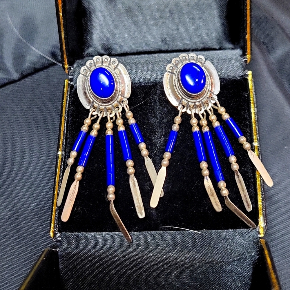 OLD PAWN  LAPIS HAVAJO  INDIAN  STERLING SILVER EARRINGS